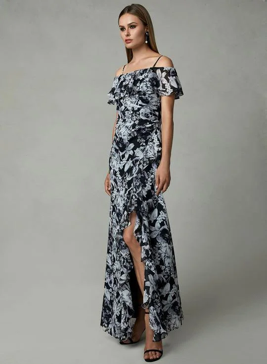 Day-To-Night Styles Cachet Long Formal Floral Print Ruffled Slit Dress 59689