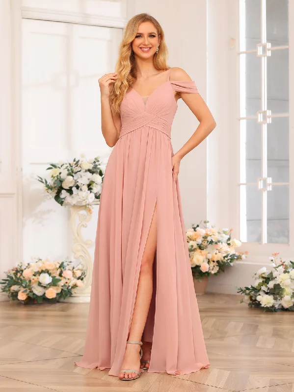 Summer Deals A-Line/Princess Spaghetti Straps Long Wedding Party Dresses with Split Side & Pockets