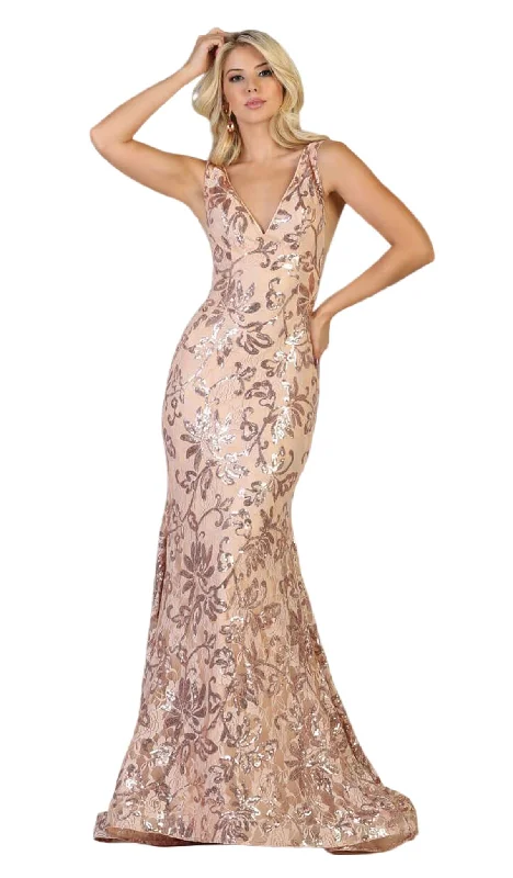 Daring Fashion Promotions May Queen - RQ7746 Floral Sequined V-Neck Mermaid Gown