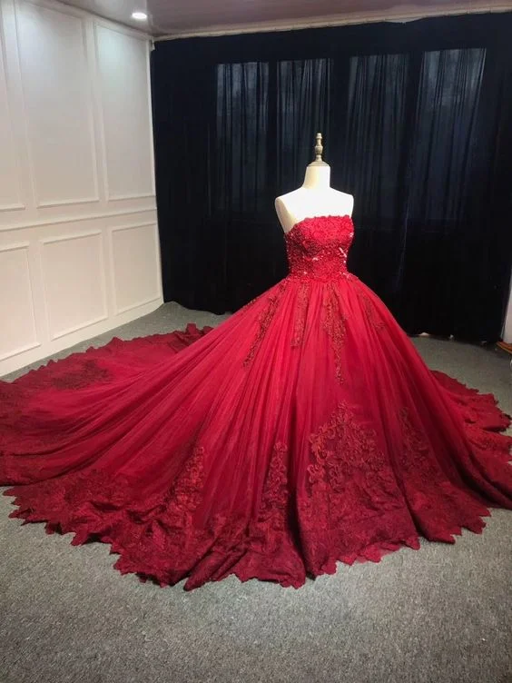 Affordable Trendy Fashion Strapless dark red ball gown lace appliques pearls crystals sequins beaded wedding prom dresses   cg21868