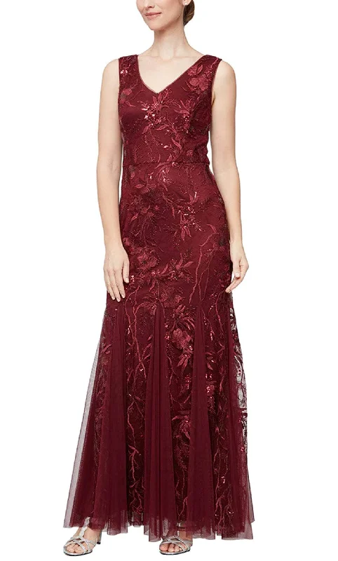 Bold Style Discounts Alex Evenings 81171409 - Floral Embroidered V Neck A-line Gown