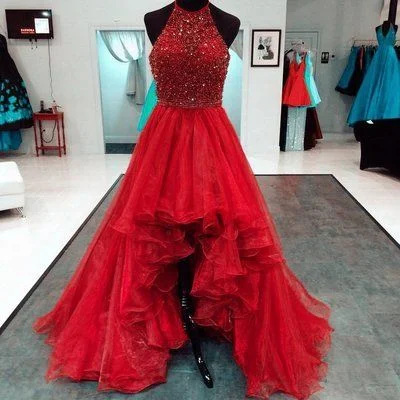 Refined Fashion Sale Beaded Halter Organza Ruffles High Low Prom Dresses,Red Heavy Handmade Wedding Bridal Gown   cg19859