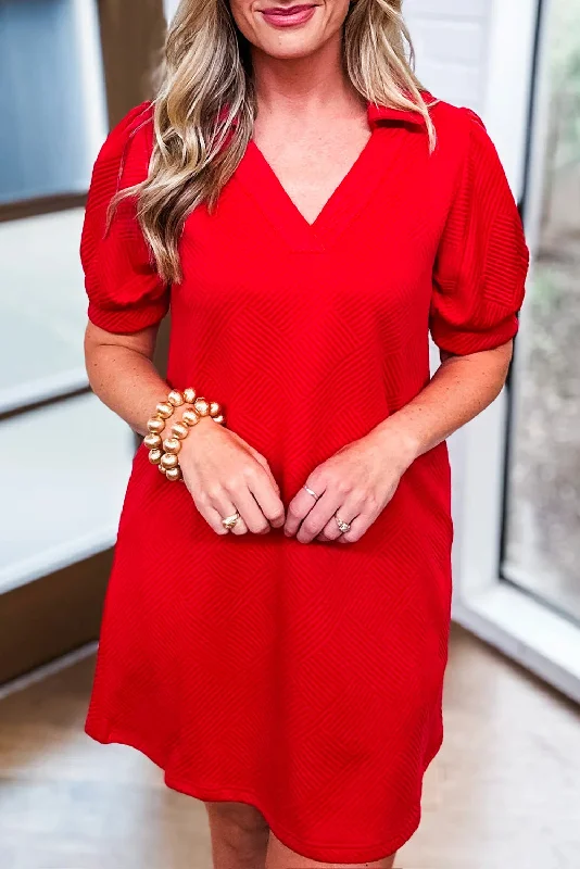 Easy Elegance Sales Fiery Red V Neck Puff Sleeve Textured Mini Dress