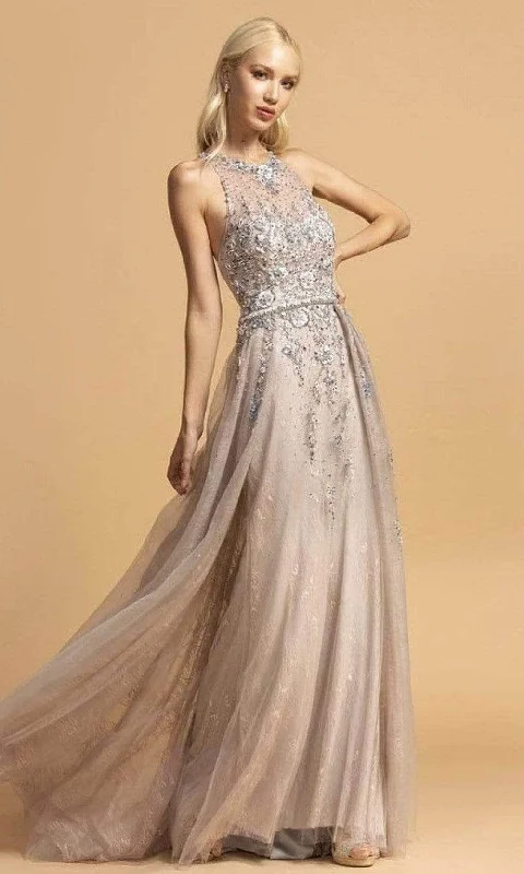 Seasonal Trends Aspeed Design - Halter Floral Beaded Prom Dress L2155 - 1 pc Silver - Blush In Size M Available