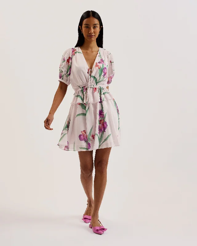 Timeless Style Promotions Merieli V Neck Waisted Mini Dress Lt-Pink