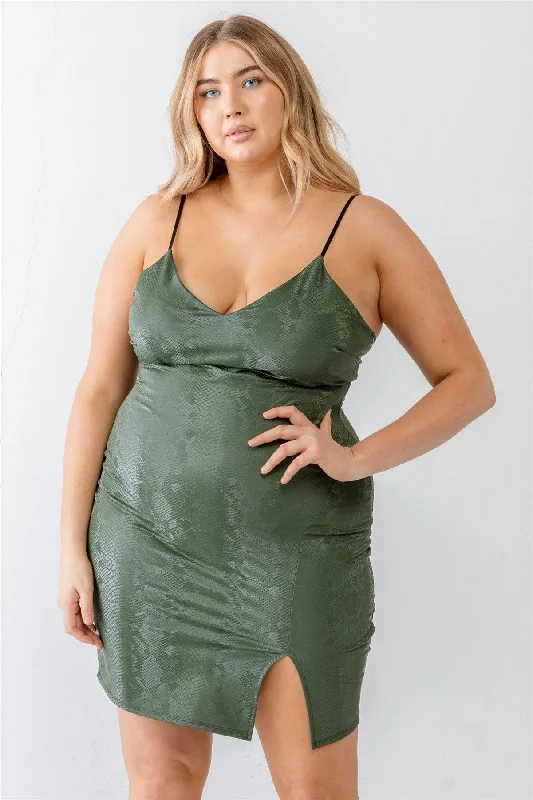 Sleek Style Discounts Plus Size Olive Snake Vegan Leather Strappy Mini Dress