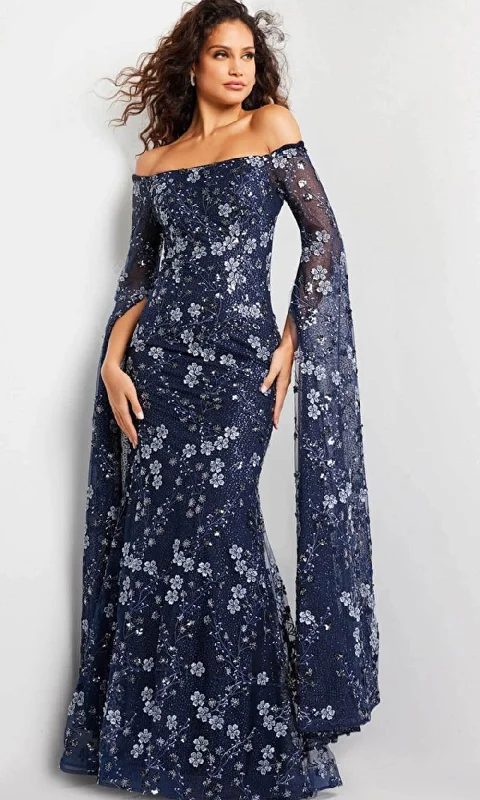 Discount Extravaganza Jovani 26330 - Floral Embroidered Cape Long Gown