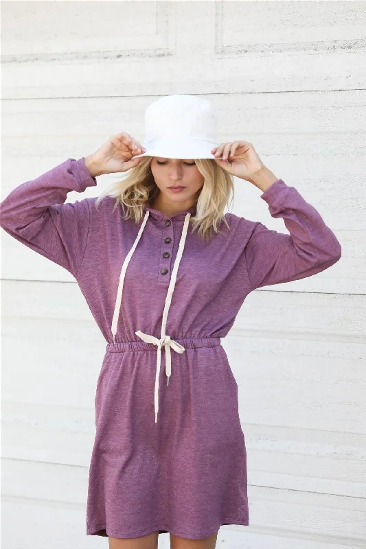 Best Deals Of The Season Plum Button Up Detail Hooded Long Sleeve Mini Dress /2-2-2