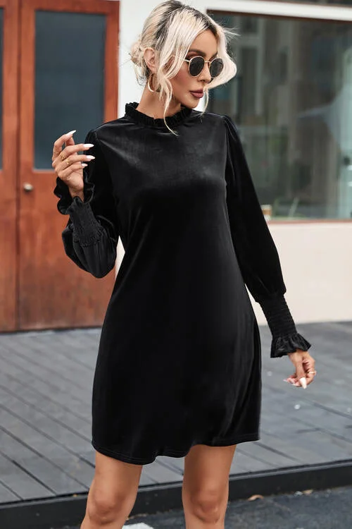 Urban Fashion Round Neck Smocked Long Sleeve Mini Dress