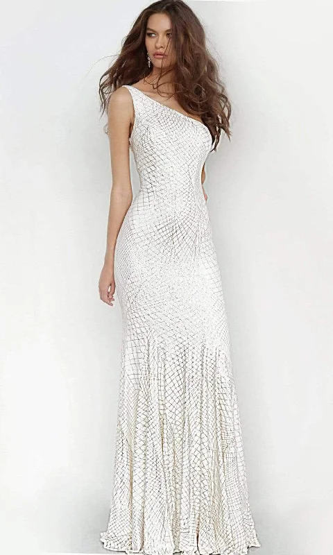 Shop The Hottest Deals Jovani - 1119 One Shoulder Lattice Rendered Trumpet Gown