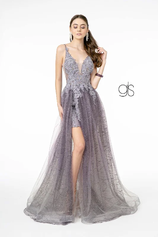 Fashion-Forward Illusion V-Neck Glitter Mesh Long Prom Dress Sale