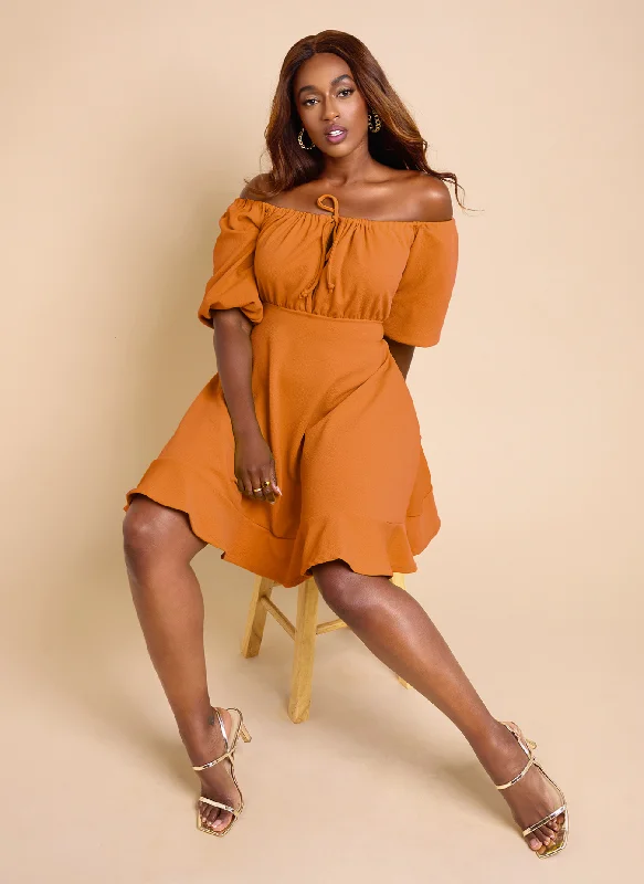 Exclusive Sale Adored Puff Sleeve Skater Mini Dress - Burnt Orange