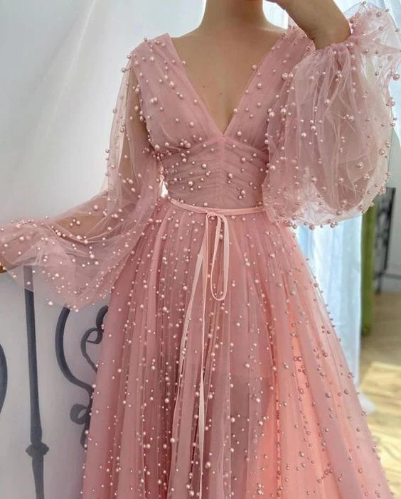 Best Deals Of The Season V-neck pink prom gown with pearls for wedding or special occasions    cg12199