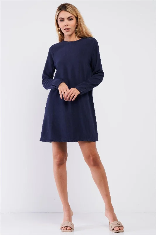 Shop Sales Plain Eco Navy Blue Linen Shredded Hem Detail Round Neck Relaxed Fit Long Sleeve Mini Dress