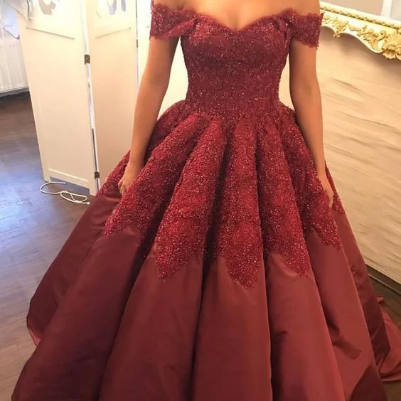 Massive Selection Sale prom dress Burgundy Taffeta Wedding Ball Gown Dresses Lace Off The Shoulder   cg15790