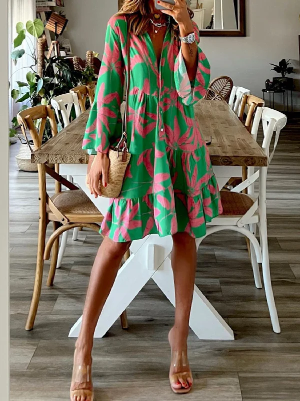 Style Upgrade Printed Notched Long Sleeve Mini Dress