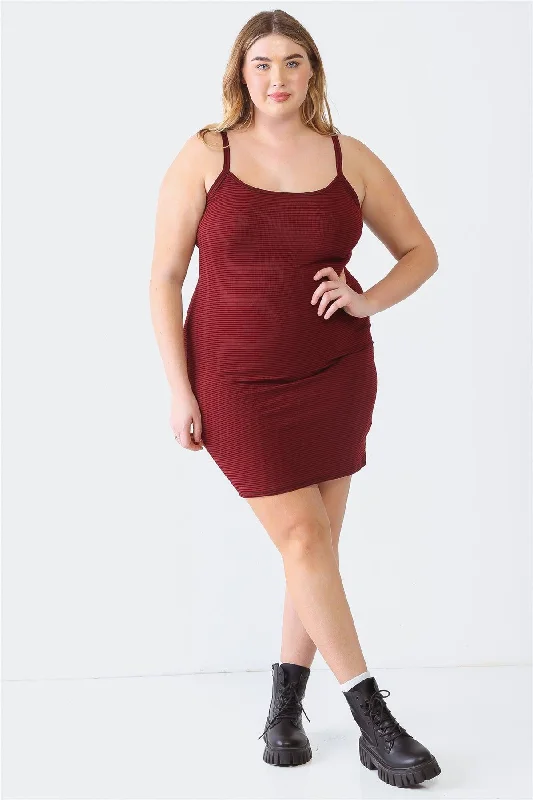 Exclusive Discounts Plus Size Burgundy Stripe Sleeveless Mini Dress