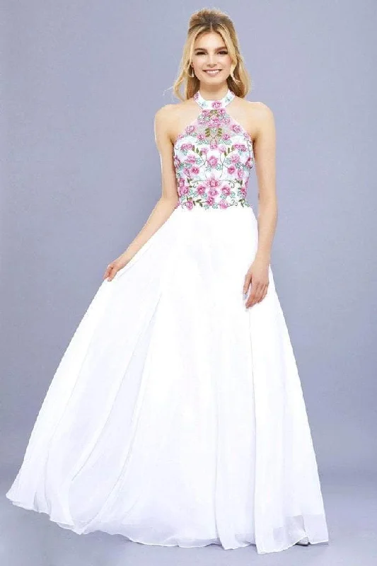 Fashion Forward Nox Anabel 8326 Floral Illusion Halter Chiffon Gown - 1 pc White in size S Available