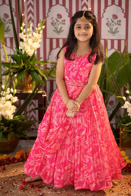 Final Sale Girls Red Printed Party Gown with Embellished Neckline and Flared Skirt for Weddings and Celebrations