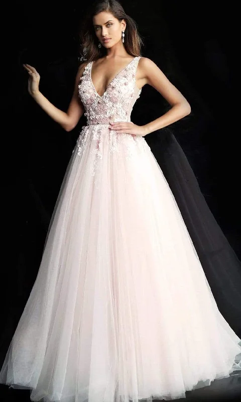 Refined Fashion Sale Jovani - 61109 Floral Applique Plunging V-neck Tulle Plus Size Prom Ballgown