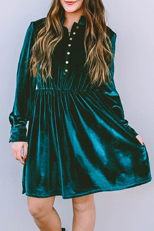 The Good Stuff Green Velvet Frill Neckline Buttoned Front Ruffle Mini Dress