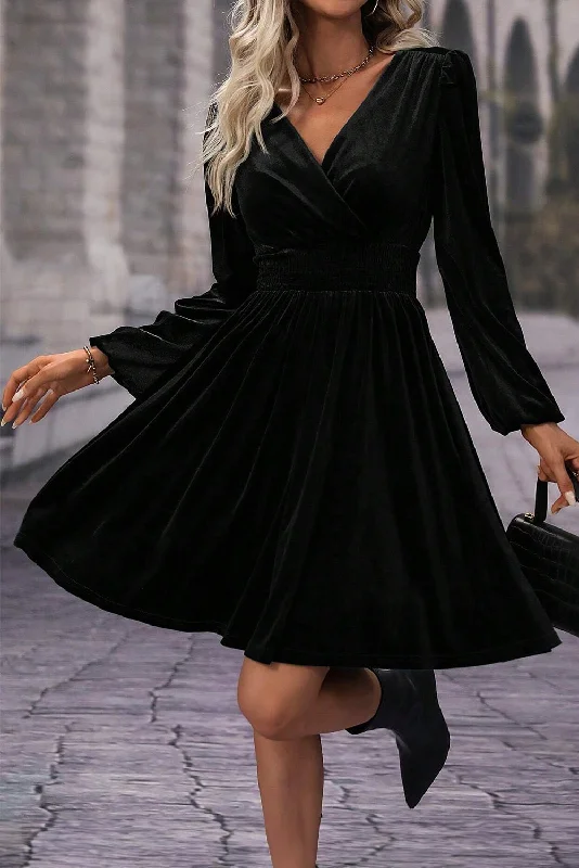 Essentials On Sale Black Velvet Long Sleeve Surplice High Waist Mini Dress