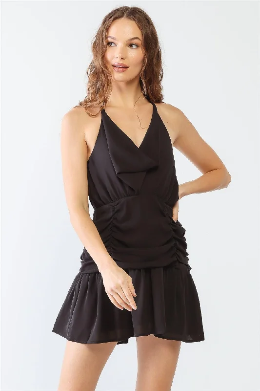 Gift Ideas Black Cowl Neck Ruched Strappy Layered Mini Dress /1-2-2-1