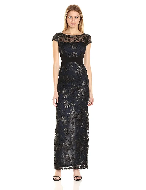 Premium Fashion Adrianna Papell - Illusion Cap Sleeve Sequined Floral Gown AP1E200799 - 1 pc Black Navy In Size 10 Available