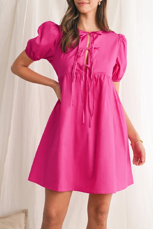 Statement Fashion Offers Bright Pink Tie Front Puff Sleeve Mini Dress