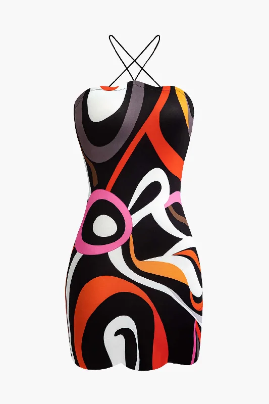 Get The Latest Trends Abstract Print Cross Strap Mini Dress