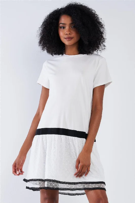 Top Brand Discounts Off-White Black Detail Loose Shapeless Lined Double Mesh Bottom Layer Crew Neck Mini Sleeve T-Shirt Mini Dress