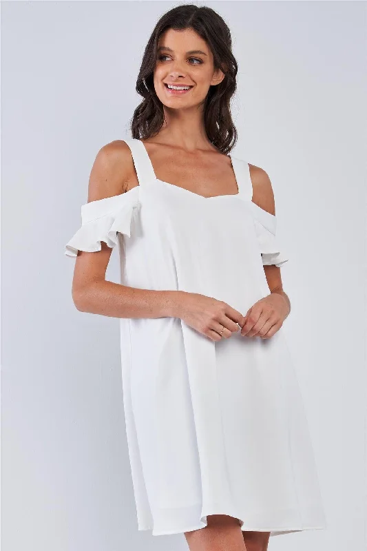 Trendy Fashion Sale Off-White Relaxed Fit V-Neck Ruffle Sleeve Mini Dress