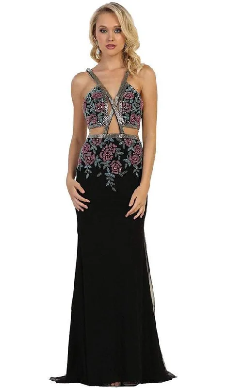 Luxury Casual Deals May Queen - RQ7597 Floral Embroidered Cutouts Sheath Evening Dress - 1 pc Black/Print In Size 8 Available