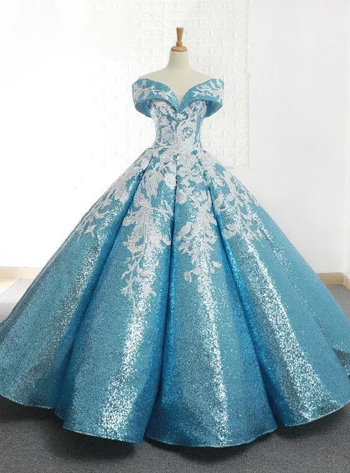 Elegant Fashion Offers Blue Ball Gown Sequins Off The Shoulder Appliques Wedding Prom Dress         cg23268