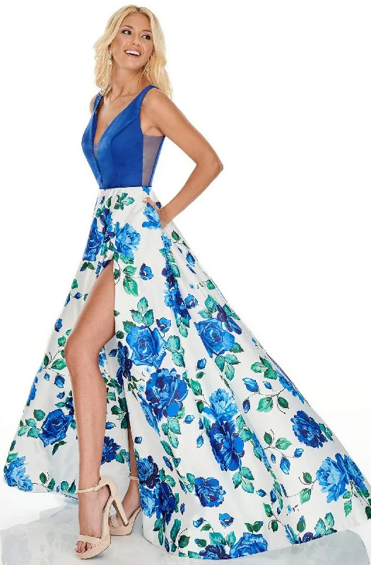 Luxury Fashion Rachel Allan Prom - 7021 Plunging Neck Floral High Slit Gown