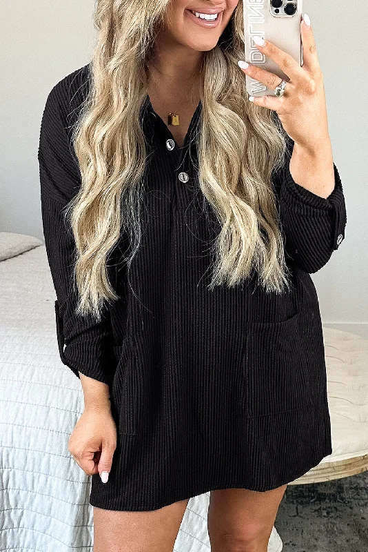 Fashionista Sale Black Ribbed Knit Buttoned Collared Roll Tab Sleeve Plus Size Mini Dress