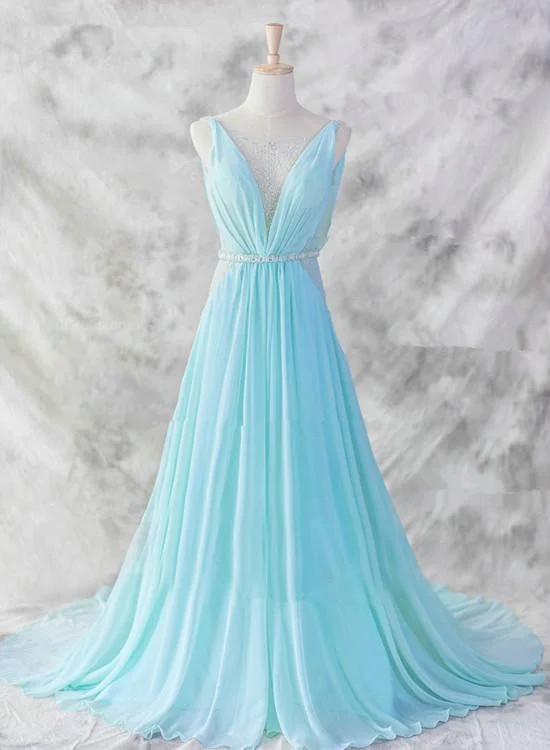 High-End Style Discounts Light Blue Chiffon Long Evening Dress, Blue Beaded Waist Wedding Party prom Dress  cg8606