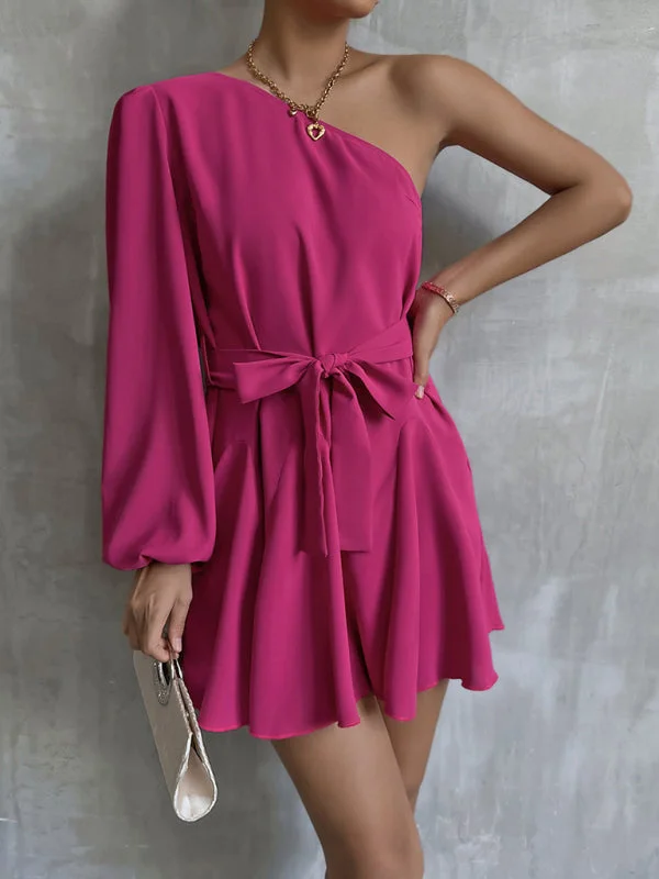 Find Your Unique Flair Women’s Fashionable Off The Shoulder Long Sleeved Mini Dress With Statement Ribbon Tie Bow