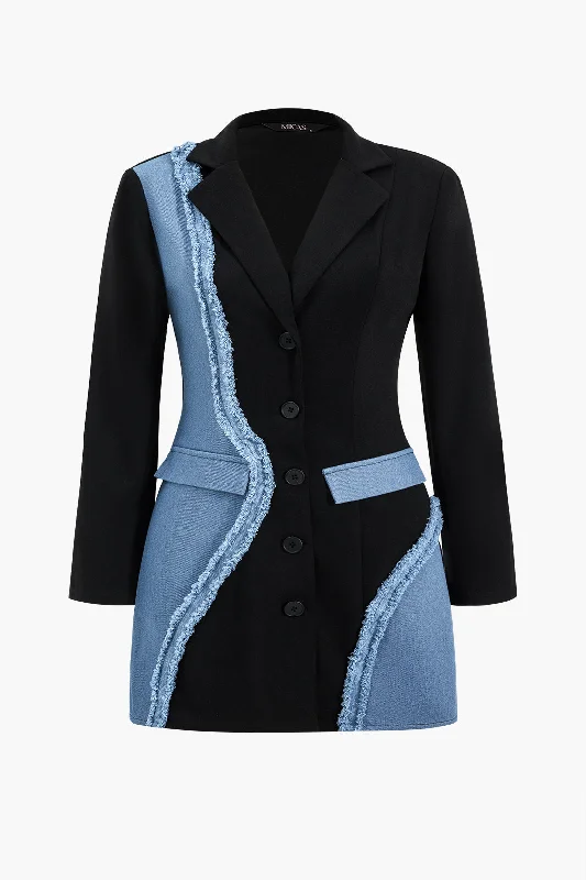 Step Ahead, Lead The Trend Plus Size Denim Notched Lapel Button Patchwork Blazer Mini Dress