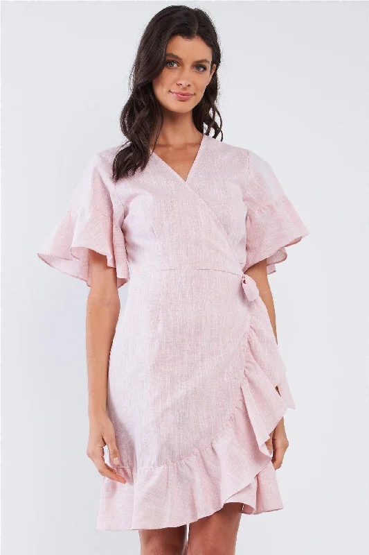 Find Your Unique Flair Pastel Pink Deep Plunge V-Neck Ruffle Hem Self-Tie Waist Wrap Mini Dress