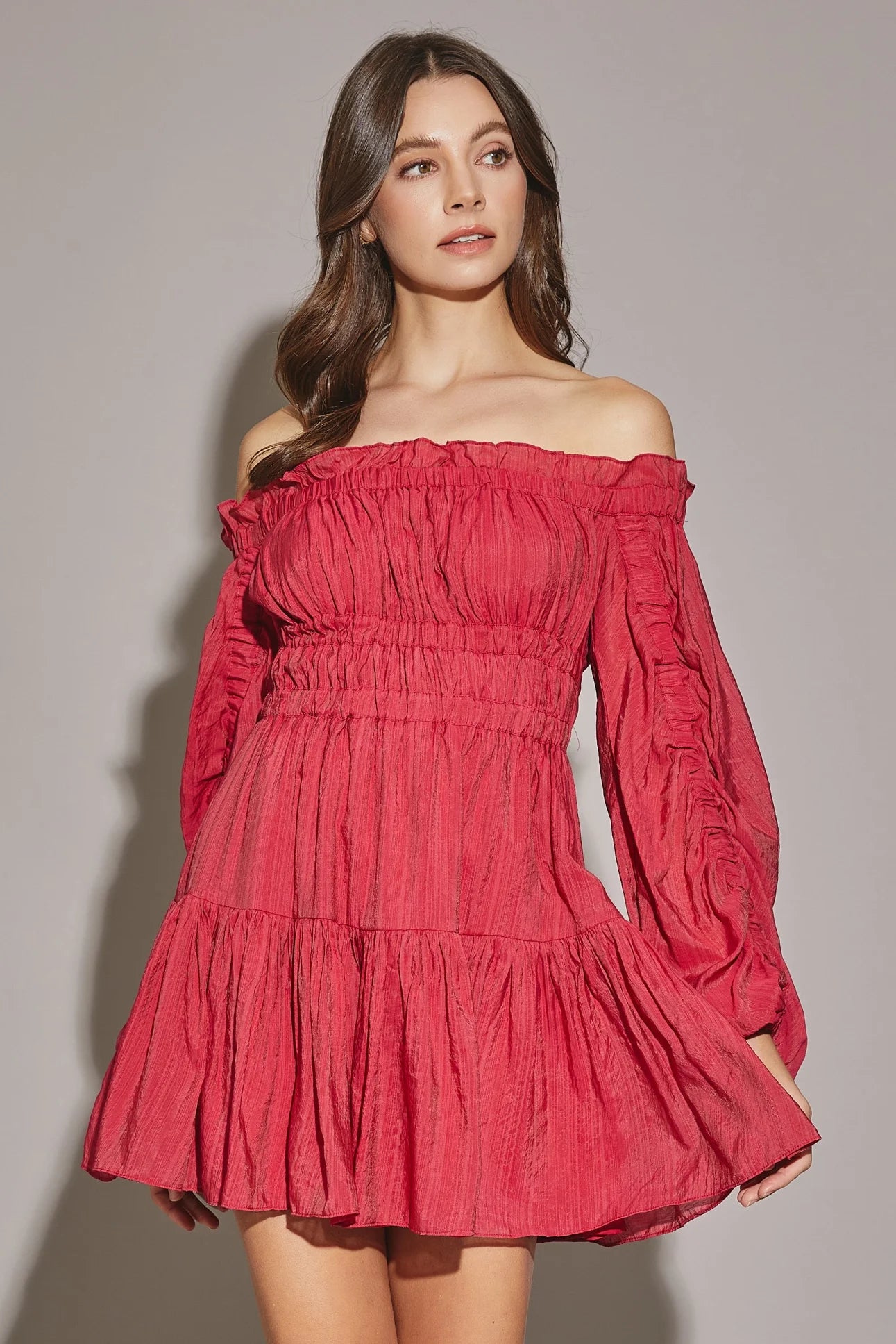 Cozy Comfort Style Sale Off The Shoulder Shirred Tiered Hem Mini Dress