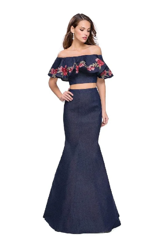 Limited Edition La Femme - 26013 Off The Shoulder Ruffle Denim Two Piece Gown