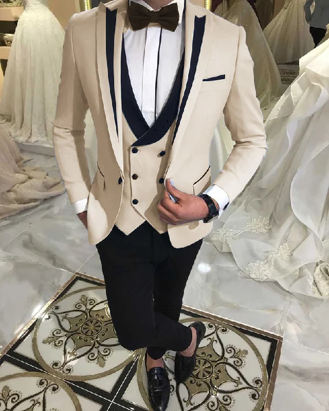 Chic Styles Peak Lapel Slim Fit Mens Formal Prom Outfit  Beige Groom Wedding Tuxedos 3 Pieces Suits