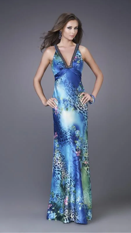 Break Fashion Norms La Femme - 15734 Feisty Floral and Animal Print V-Neck Sheath Gown