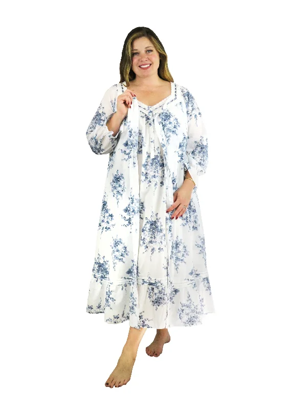 Hurry Before It'S Gone Plus Size 100% Cotton Lace Trim Flounce Robe Gown- Blue and White Floral Print