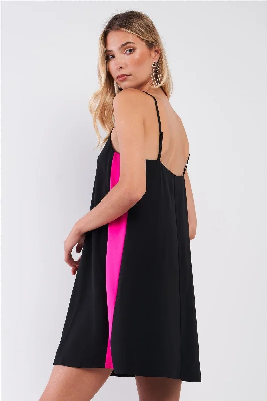 Seasonal Picks Black & Pink Sleeveless V-Neck Side Stripe Detail Relaxed Mini Dress /1-2-2