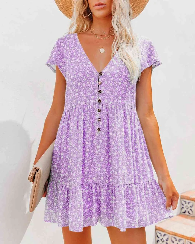 Spring Fashion Printed V-Neck Buttoned Short Sleeve Mini Dress