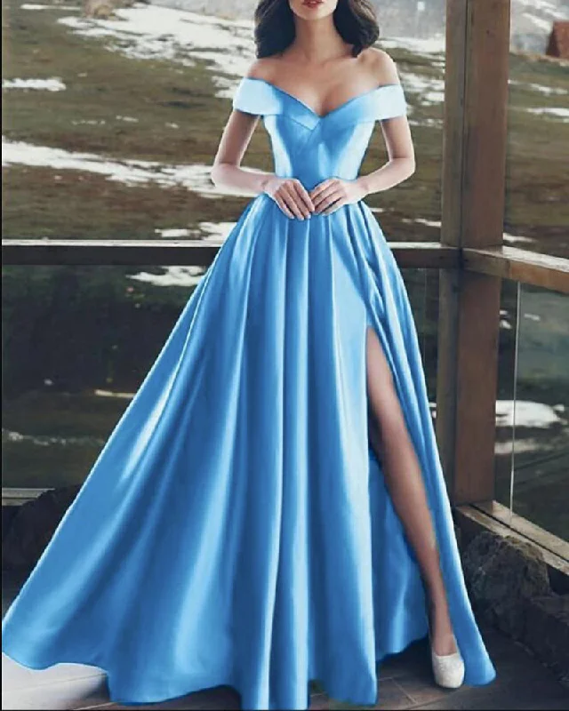 Embrace New Fashion Elegant Blue Off the Shoulder Long Wedding Party Dress Satin Formal Prom Evening Dress PL08223