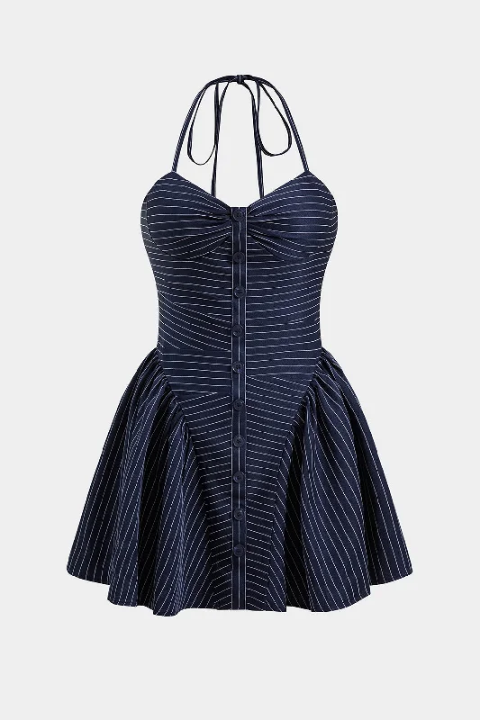 Seasonal Sale Stripes Button Halter Neck Backless Mini Dress