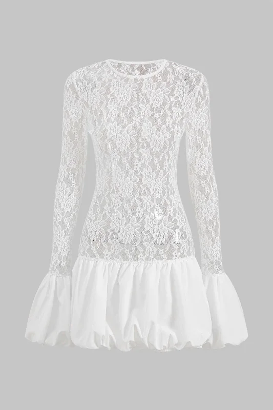 Fashion-Forward Lace Round Neck Bell Sleeve Mini Dress